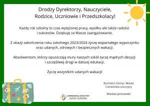 Życzenia Burmistrza z okazji nadchodzących wakac